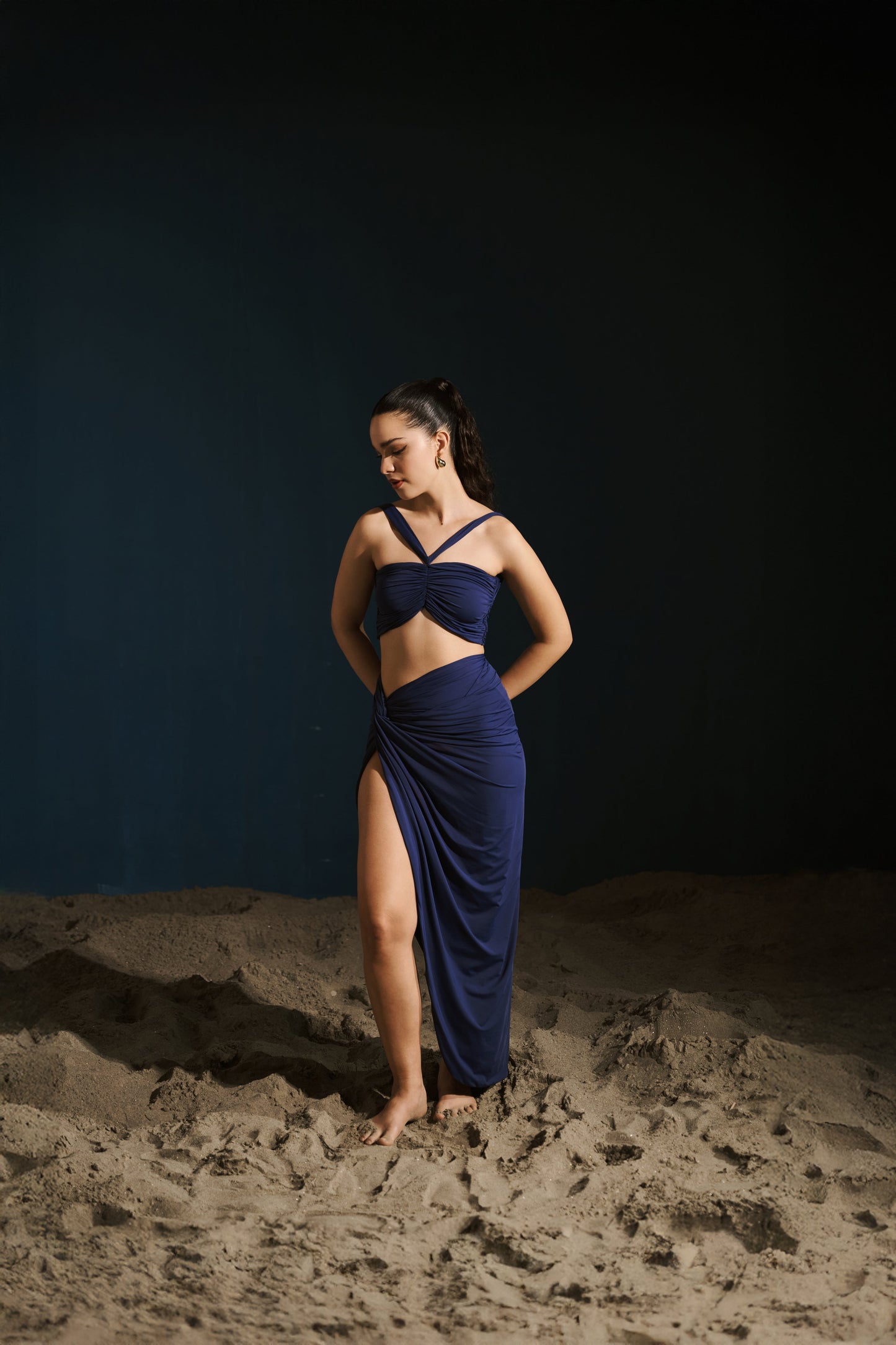 Ruched Slit Skirt - Navy