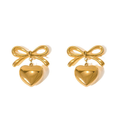 Golden Bow Pin With Heart Dangle Earring JLT12649 | Just Lil Things at Broadway