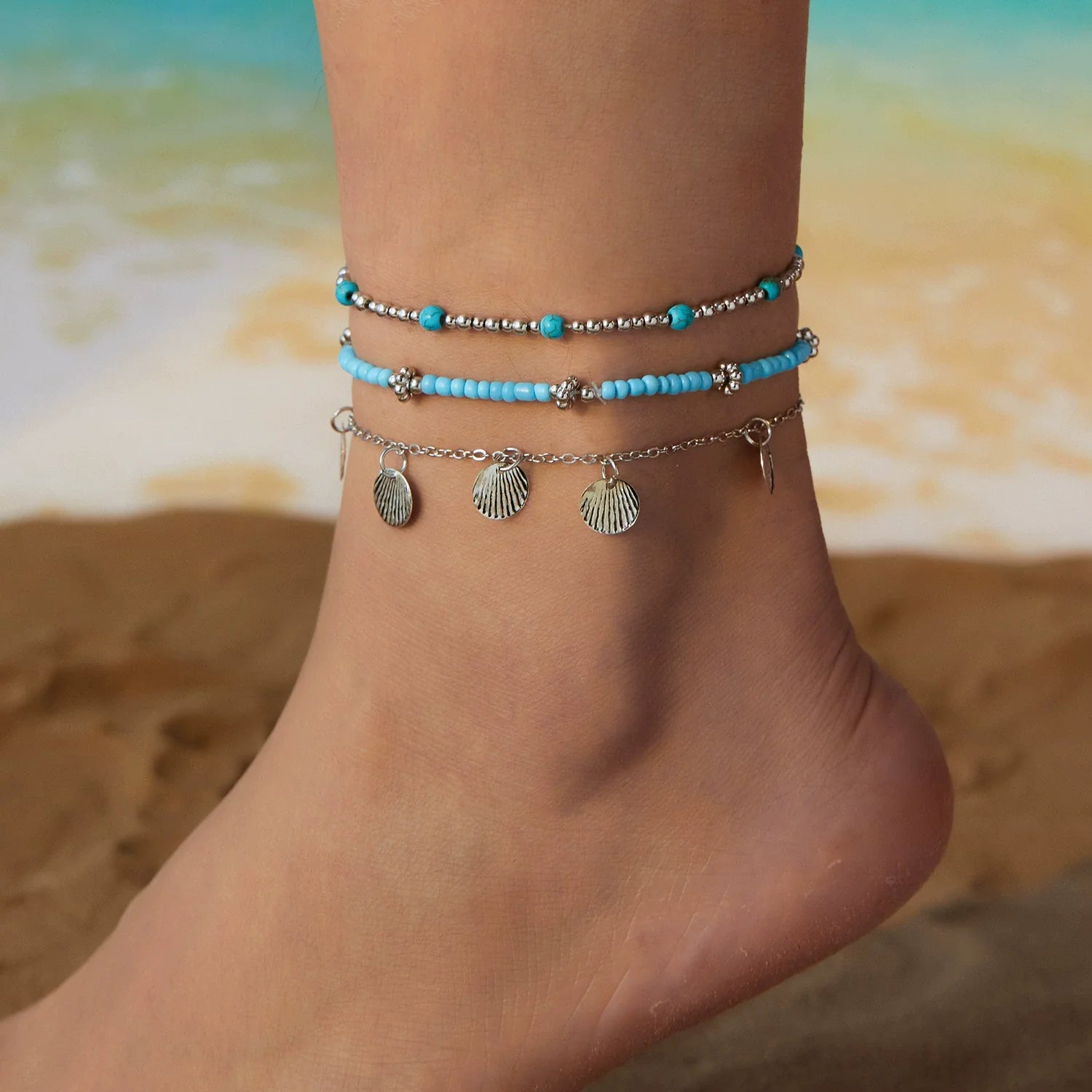 Coastal Charm Shell & Bead Layered Anklet Set JLTAK0005 | Just Lil Things at Broadway