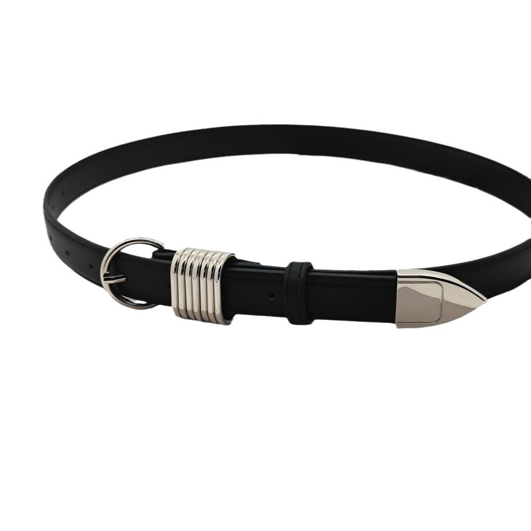Silver Chunky Buckle Black Leather Belt with Silver Accent Rings JLTHB0234