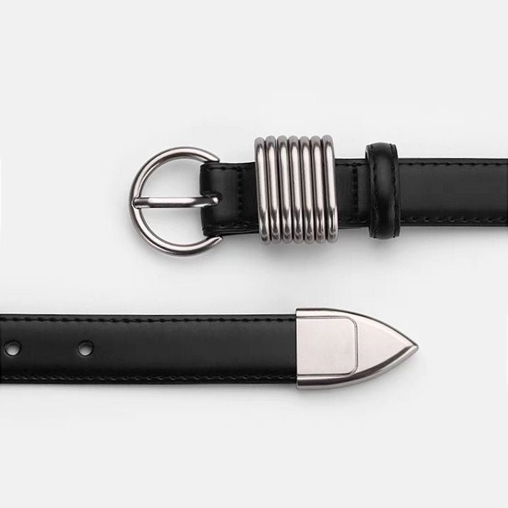 Silver Chunky Buckle Black Leather Belt with Silver Accent Rings JLTHB0234