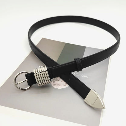 Silver Chunky Buckle Black Leather Belt with Silver Accent Rings JLTHB0234