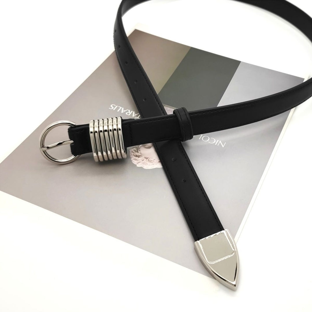 Silver Chunky Buckle Black Leather Belt with Silver Accent Rings JLTHB0234