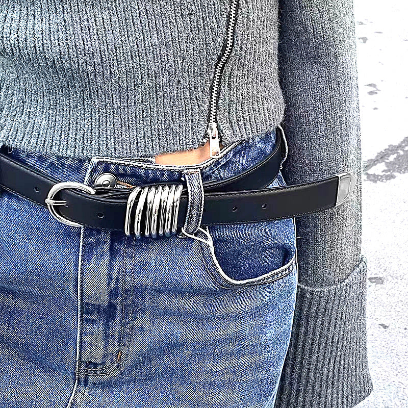 Silver Chunky Buckle Black Leather Belt with Silver Accent Rings JLTHB0234