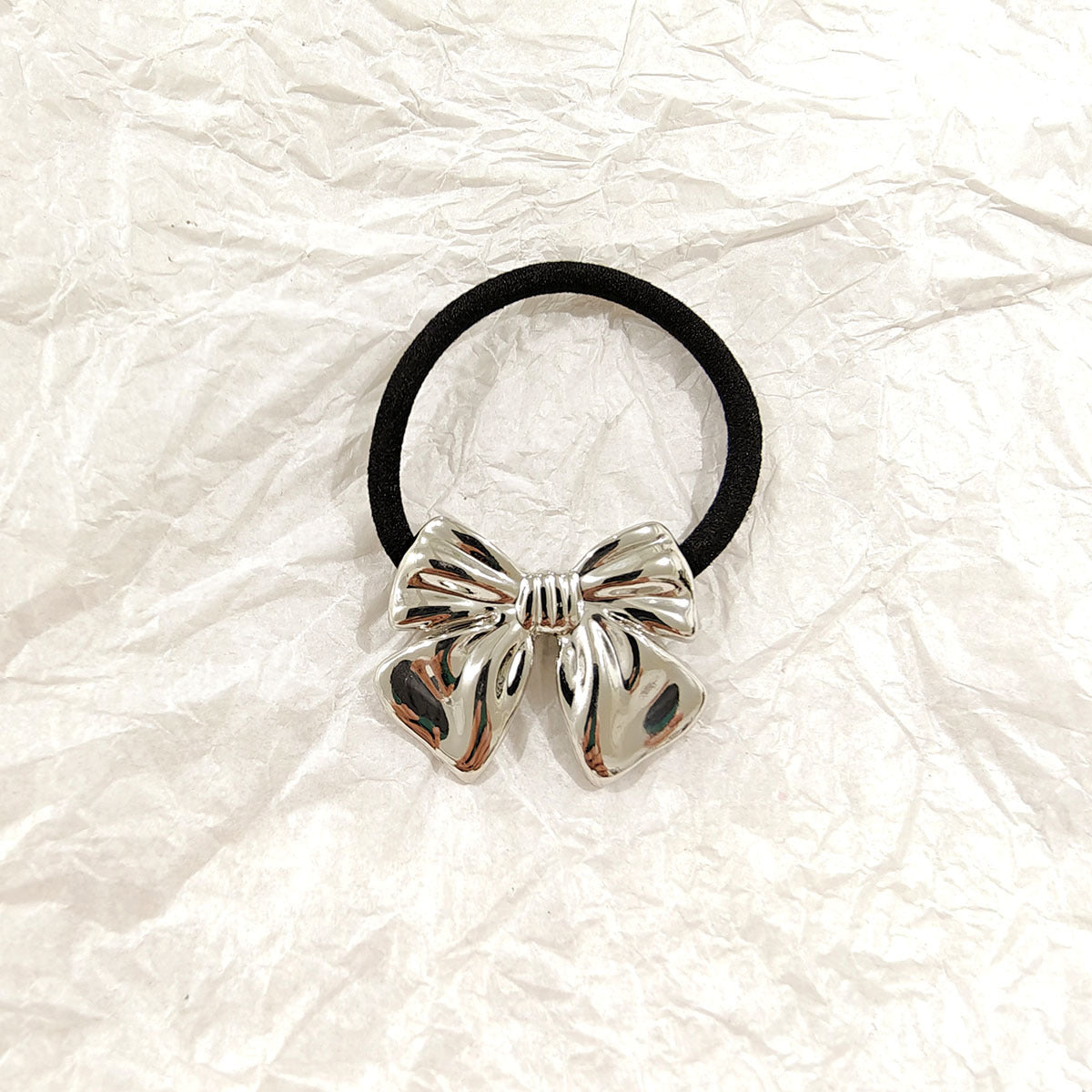 Silver Bow Hair Tie ‚Äì Metallic Ribbon Elastic Band JLTS0527 | Just Lil Things at Broadway