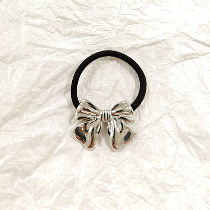 Silver Bow Hair Tie ‚Äì Metallic Ribbon Elastic Band JLTS0527 | Just Lil Things at Broadway