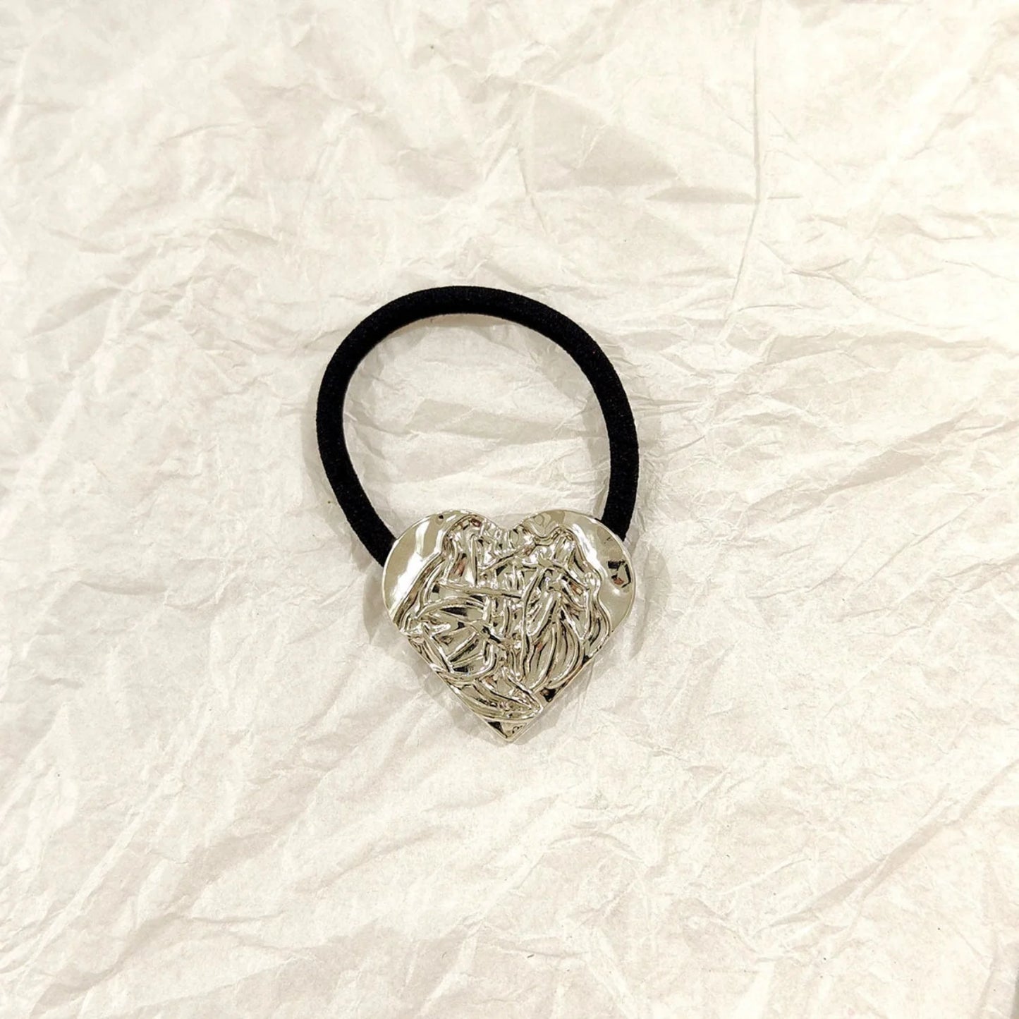 Crushed Heart Textured Silver Heart Hair Tie ‚Äì Molten Metallic Elastic JLTS0550 | Just Lil Things at Broadway