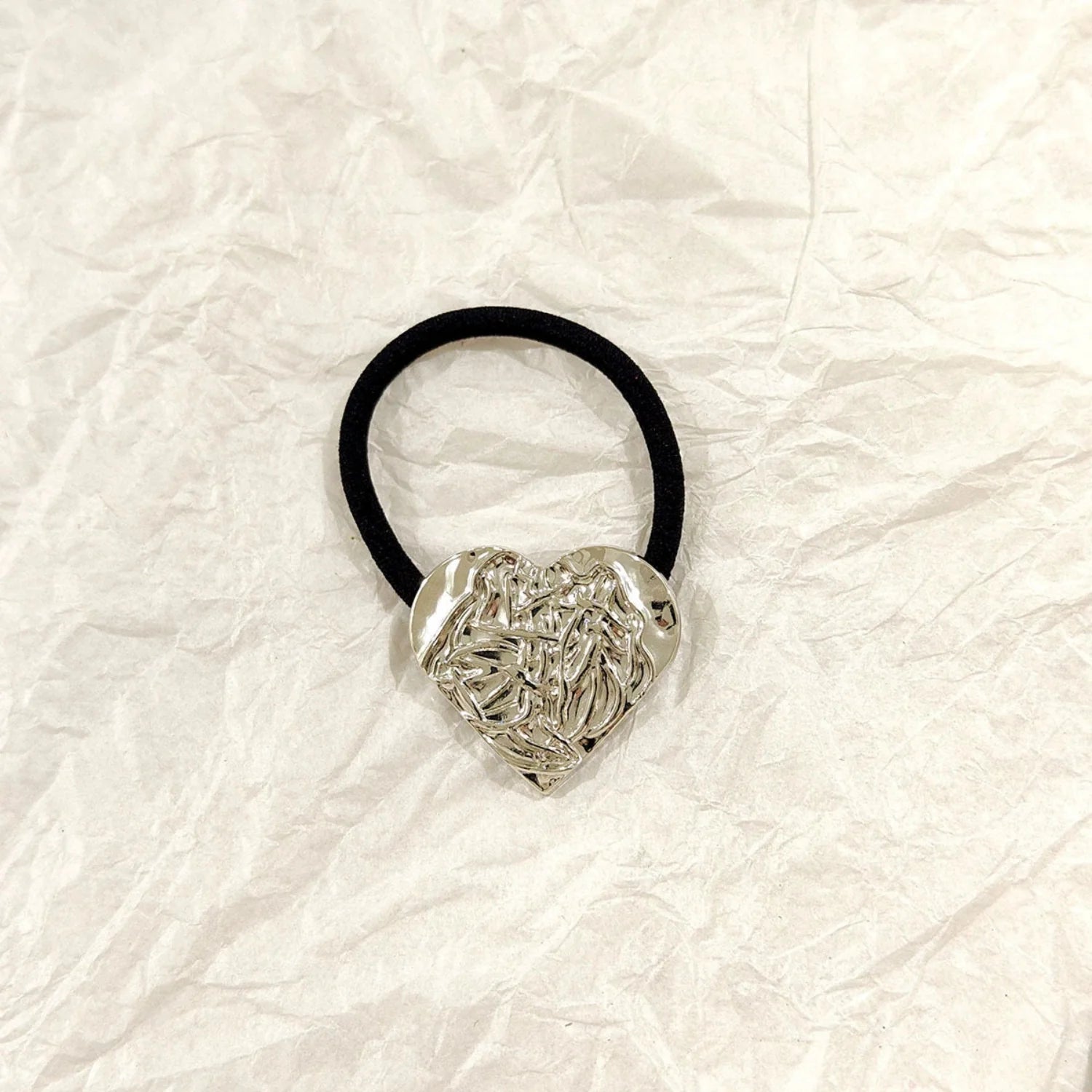 Crushed Heart Textured Silver Heart Hair Tie ‚Äì Molten Metallic Elastic JLTS0550 | Just Lil Things at Broadway