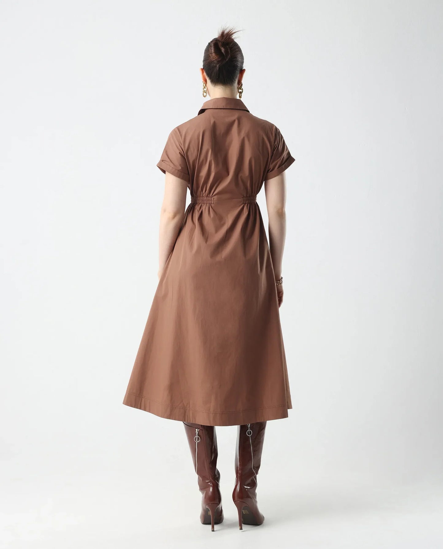 Rareism Women's Julu Light Brown Cotton Collared Neck Fit And Flare Plain Dress