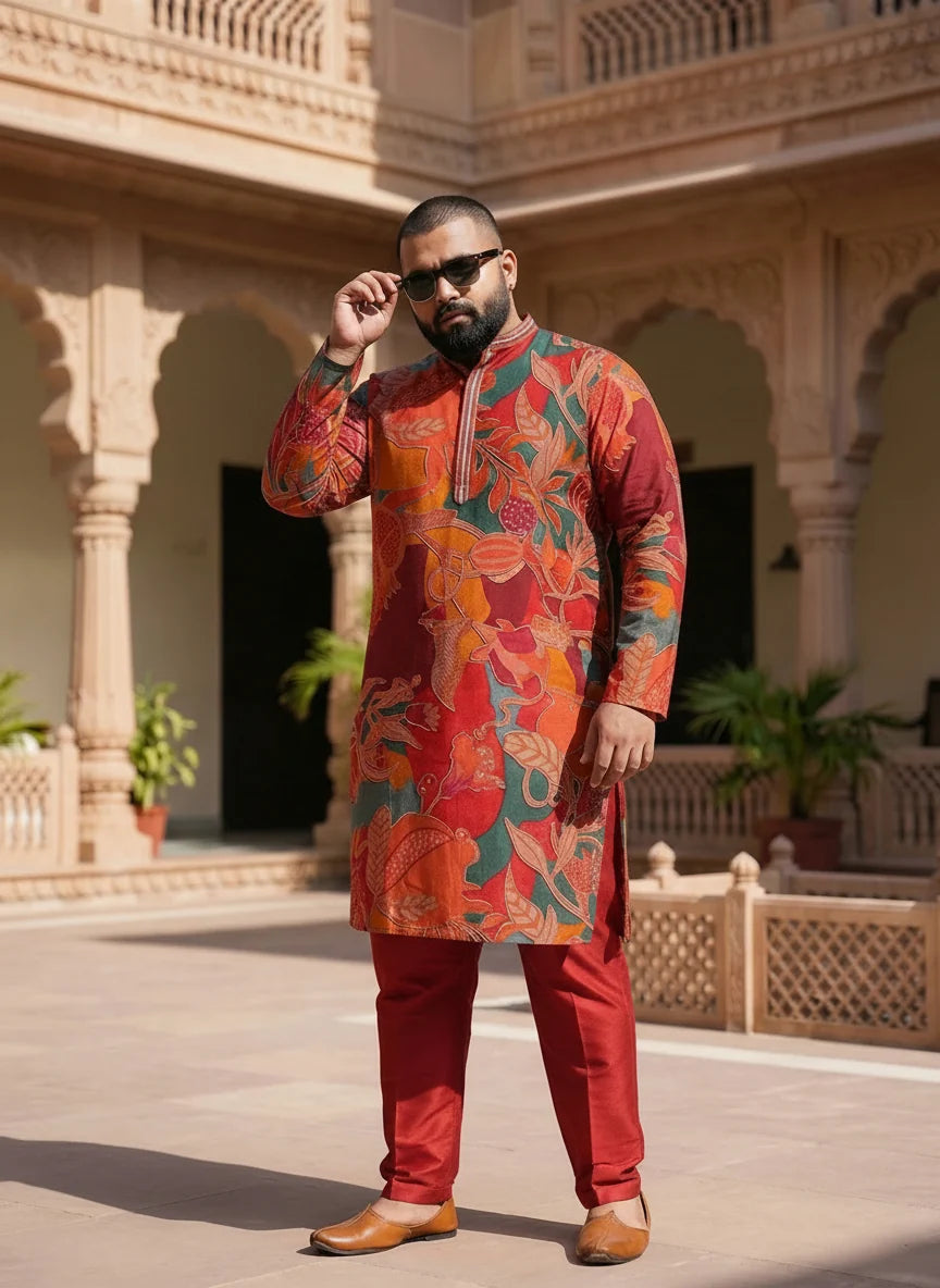 Kisah Men's Maroon-Multicolor Long Kurta