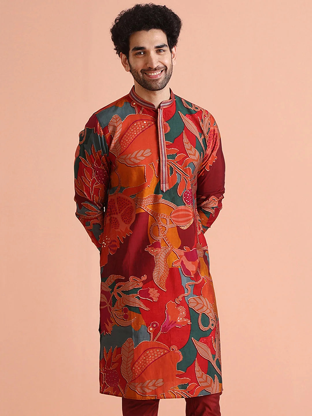 Kisah Men's Maroon-Multicolor Long Kurta