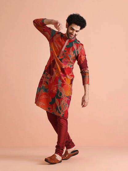 Kisah Men's Maroon-Multicolor Long Kurta