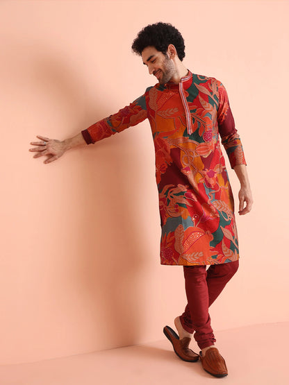Kisah Men's Maroon-Multicolor Long Kurta
