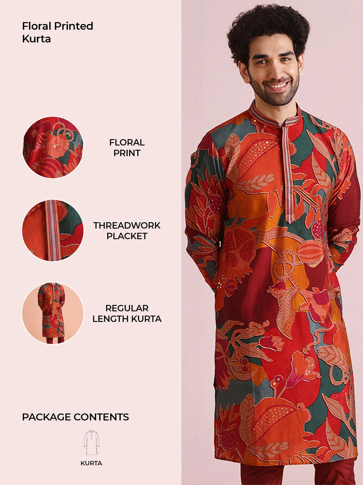 Kisah Men's Maroon-Multicolor Long Kurta