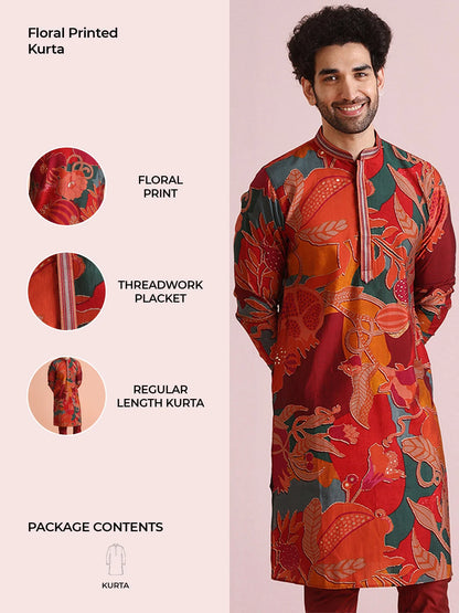 Kisah Men's Maroon-Multicolor Long Kurta
