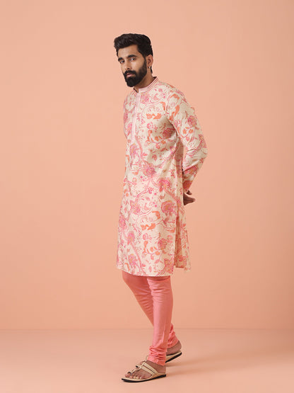 Cream Pink Floral Printed Kurta