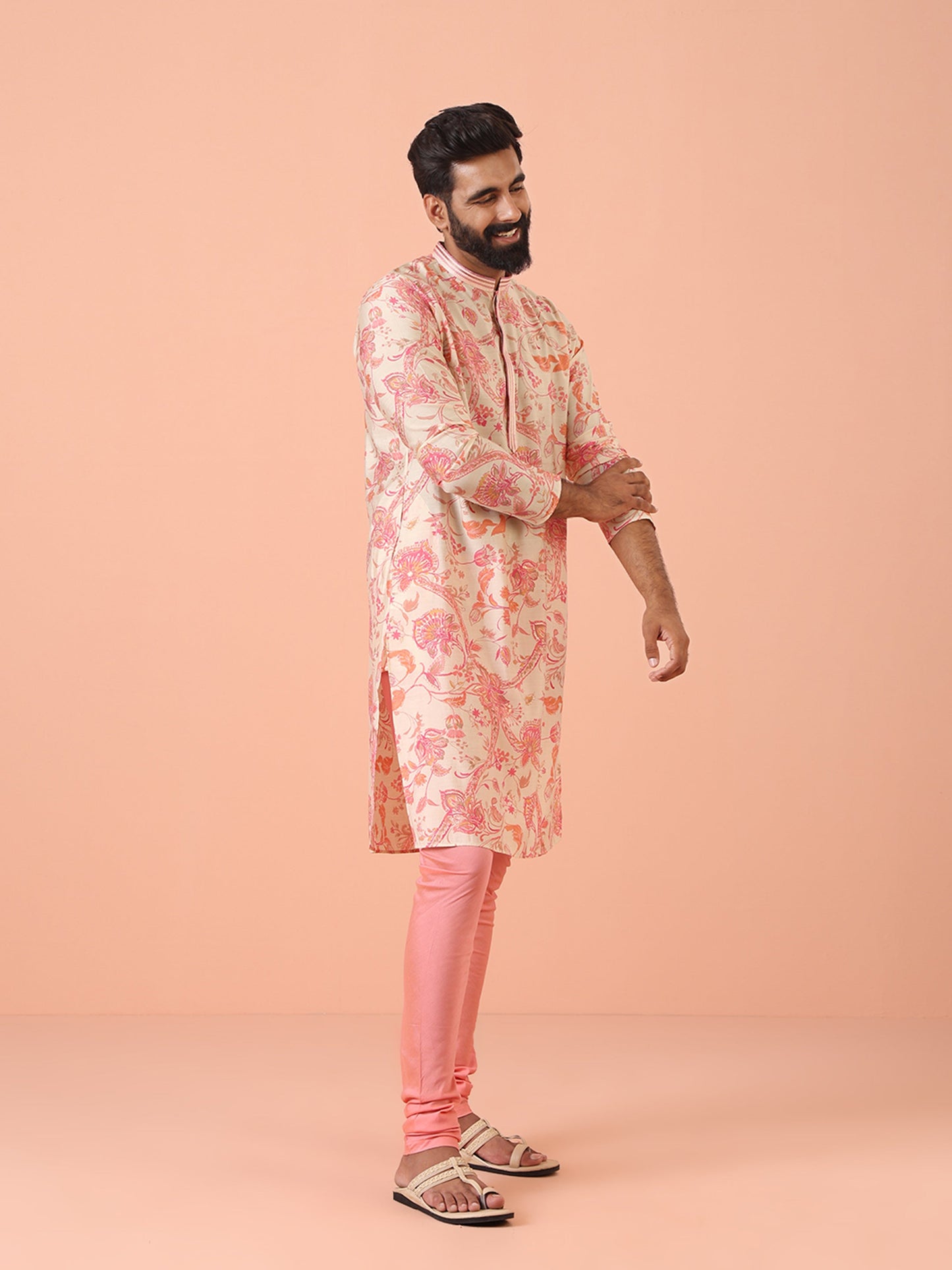 Cream Pink Floral Printed Kurta