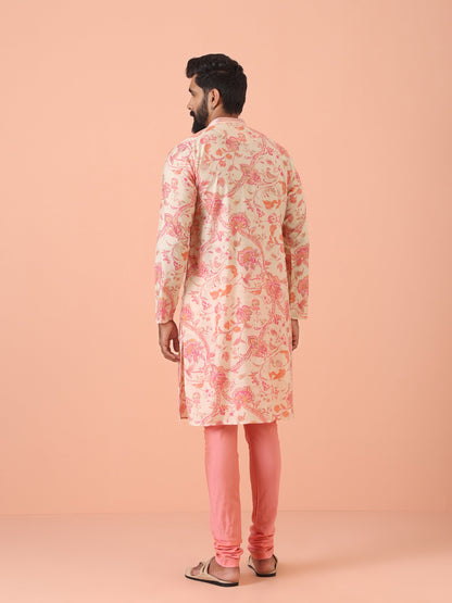 Cream Pink Floral Printed Kurta