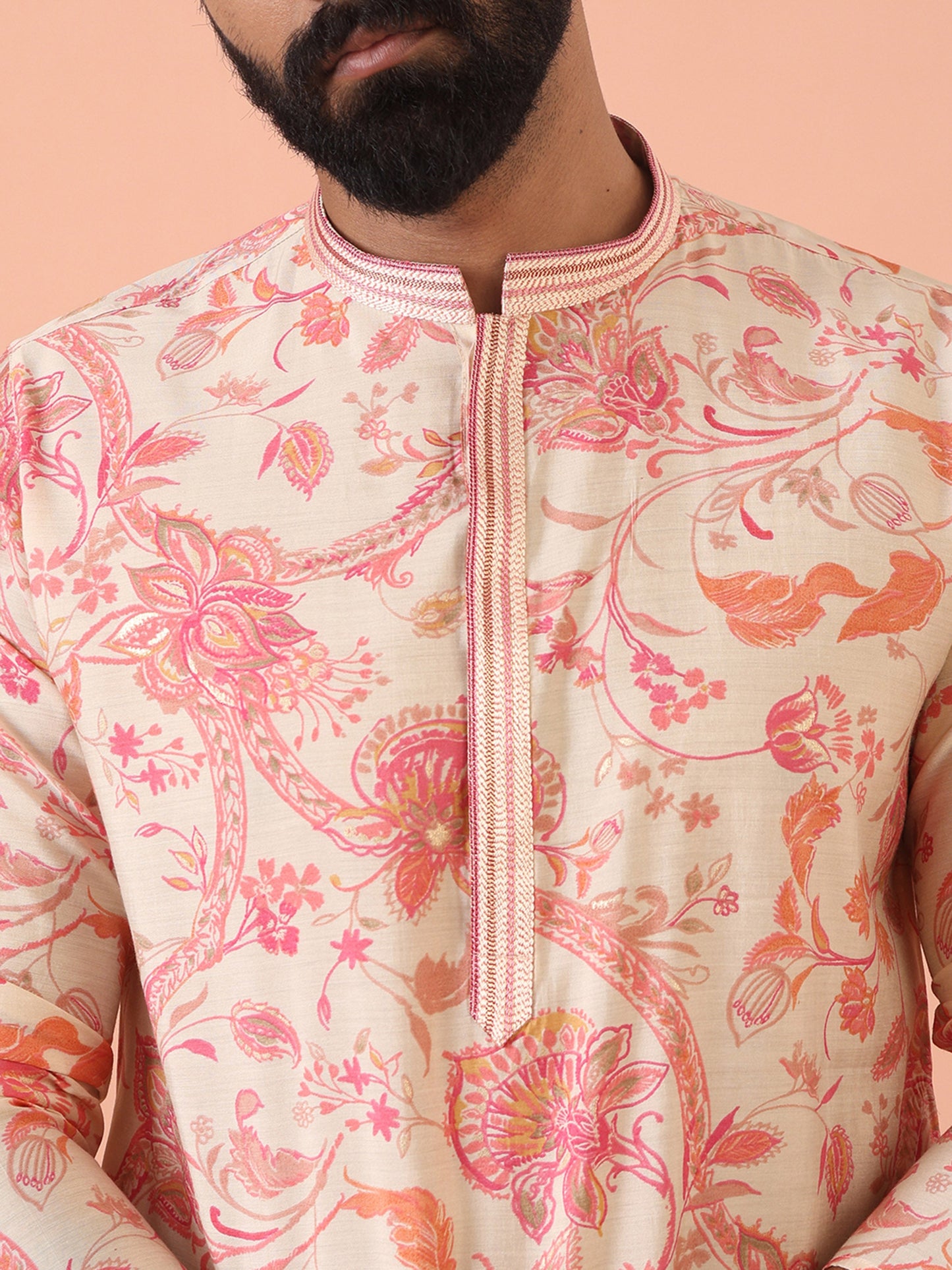 Cream Pink Floral Printed Kurta