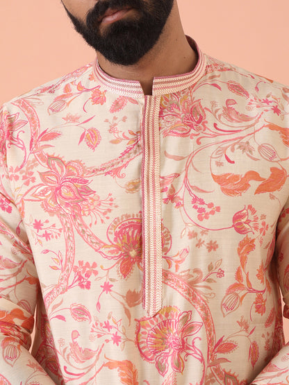 Cream Pink Floral Printed Kurta