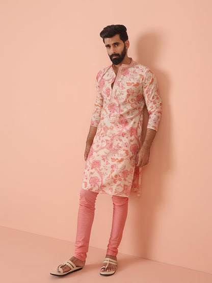 Cream Pink Floral Printed Kurta