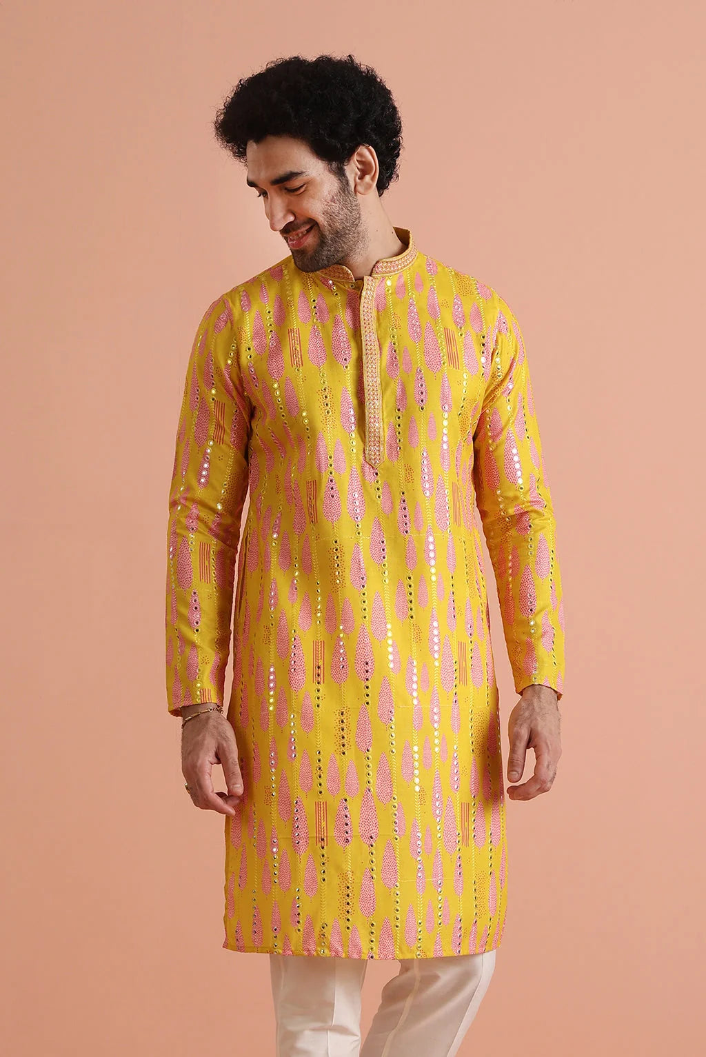 Kisah Men's Yellow-Multicolor Long Kurta