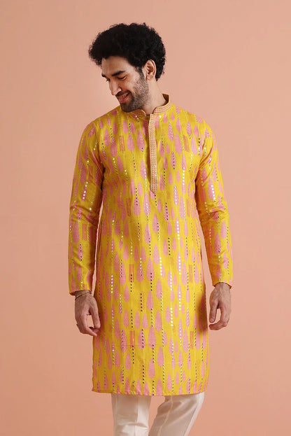 Kisah Men's Yellow-Multicolor Long Kurta