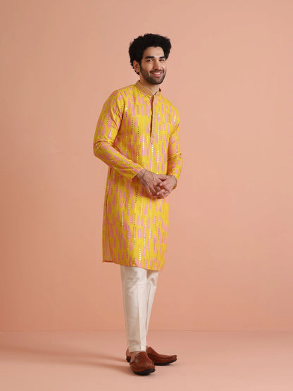 Kisah Men's Yellow-Multicolor Long Kurta