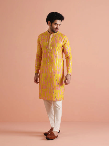 Kisah Men's Yellow-Multicolor Long Kurta