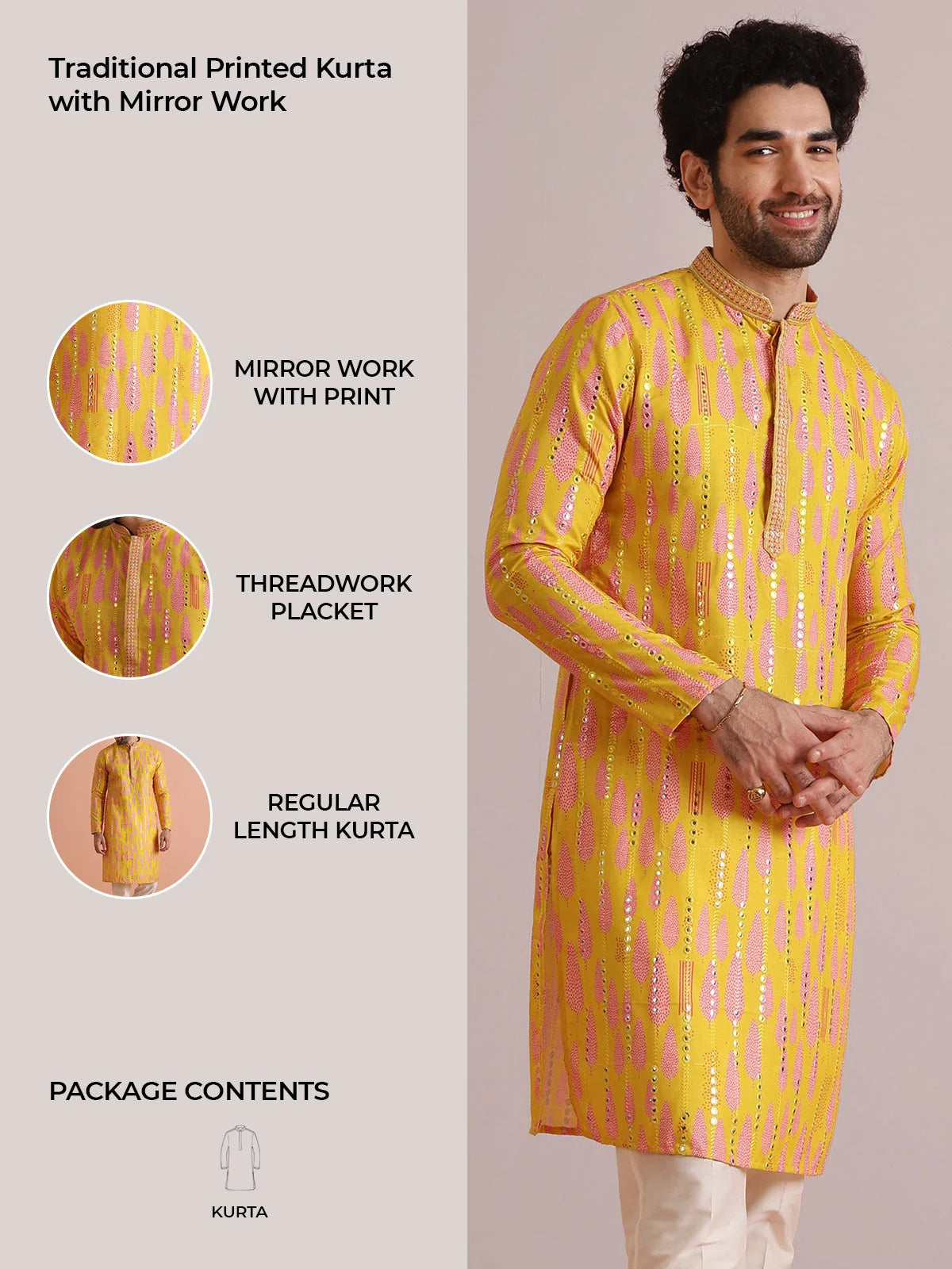 Kisah Men's Yellow-Multicolor Long Kurta