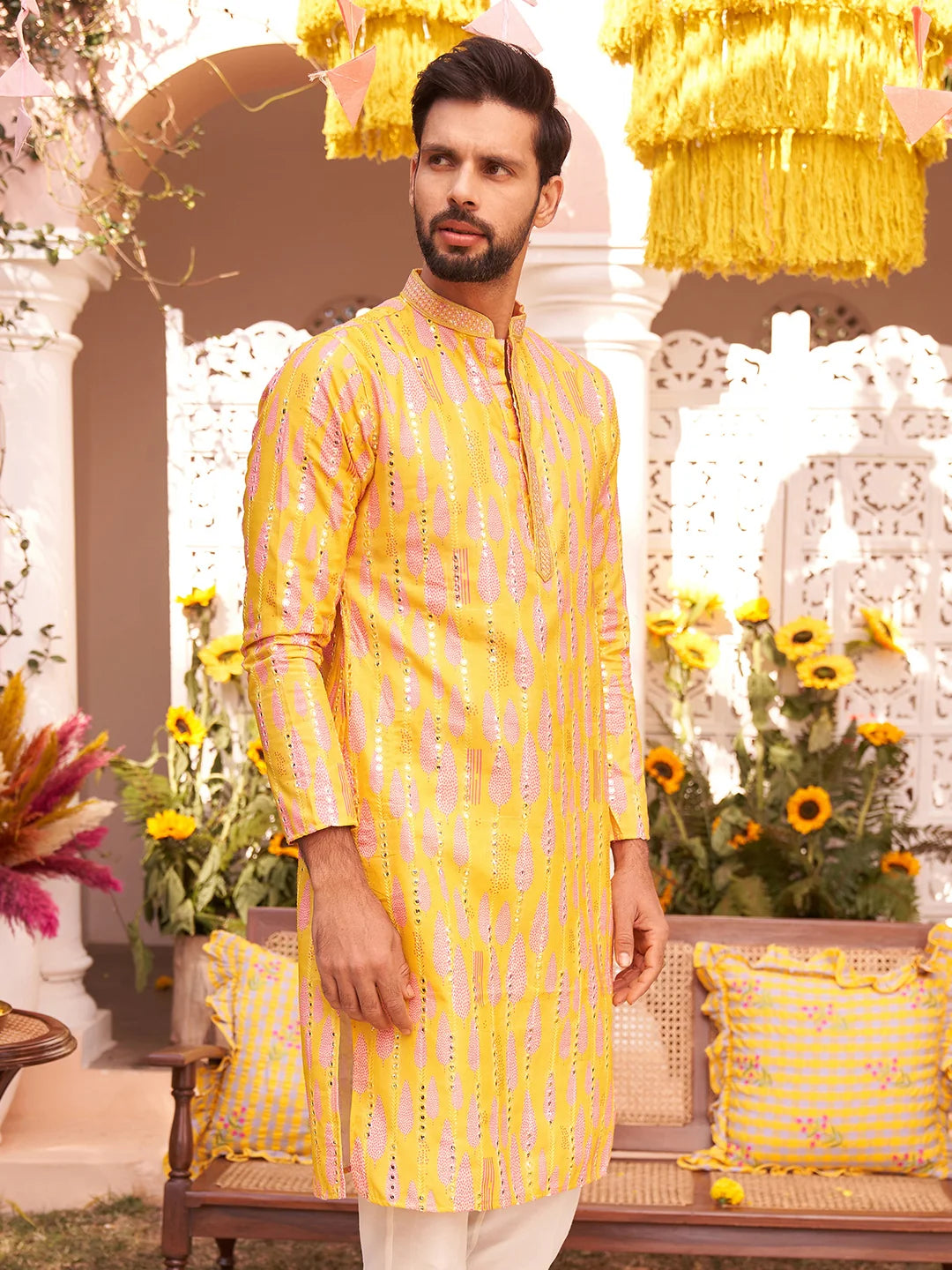 Kisah Men's Yellow-Multicolor Long Kurta