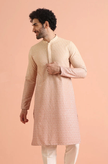 Kisah Men's Apricot-Coral Long Kurta