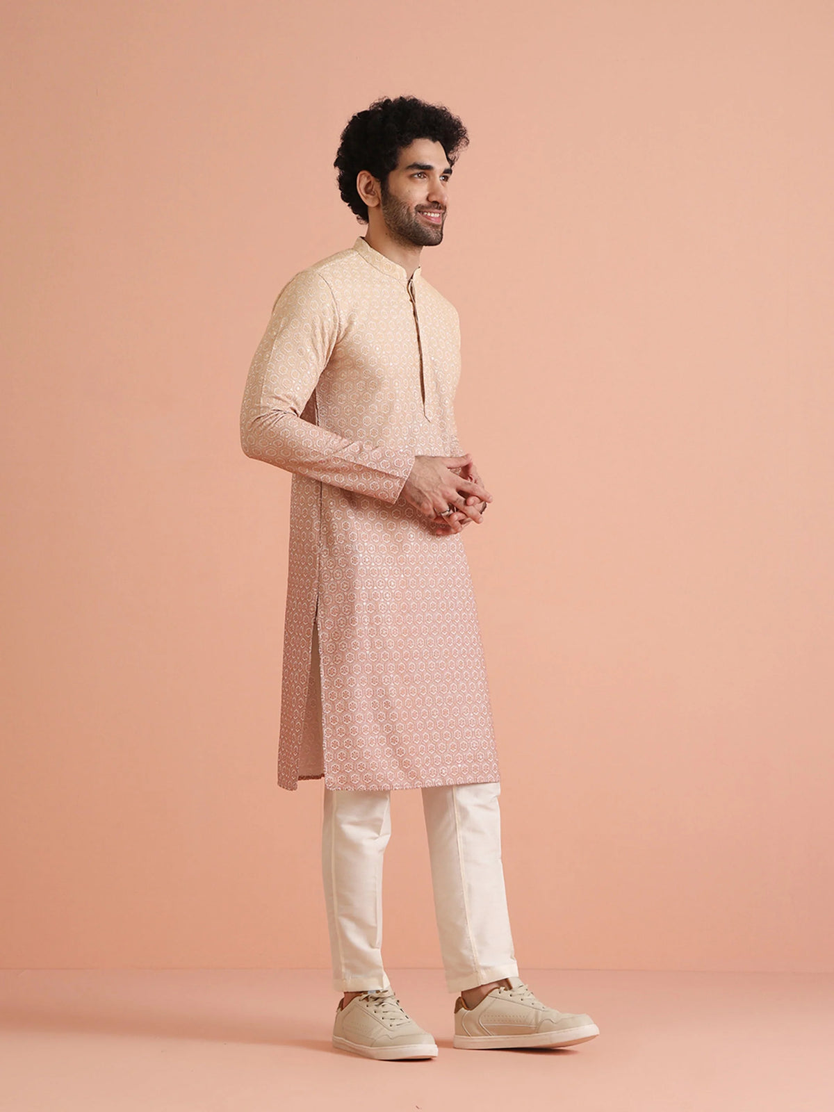 Kisah Men's Apricot-Coral Long Kurta