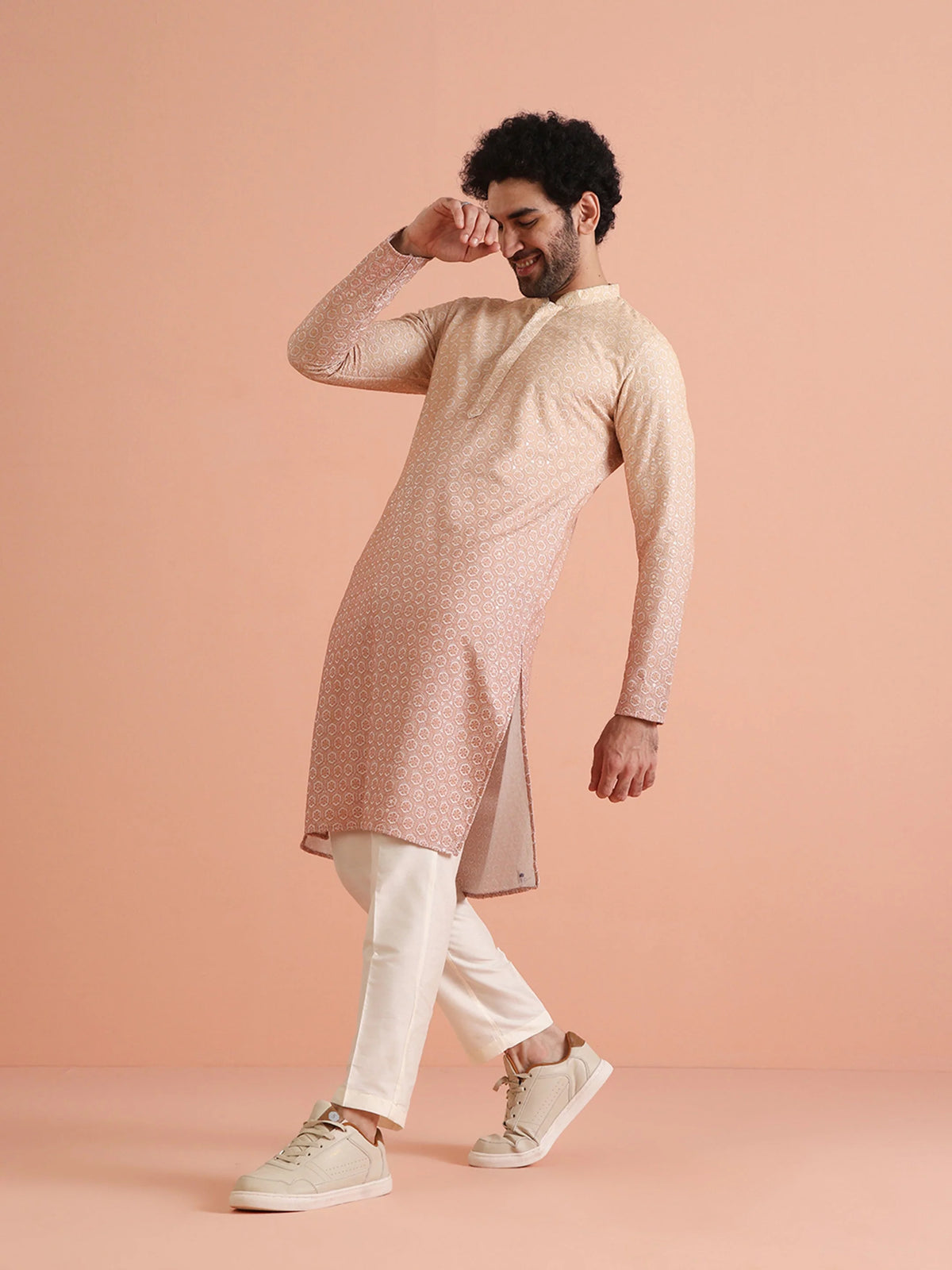 Kisah Men's Apricot-Coral Long Kurta