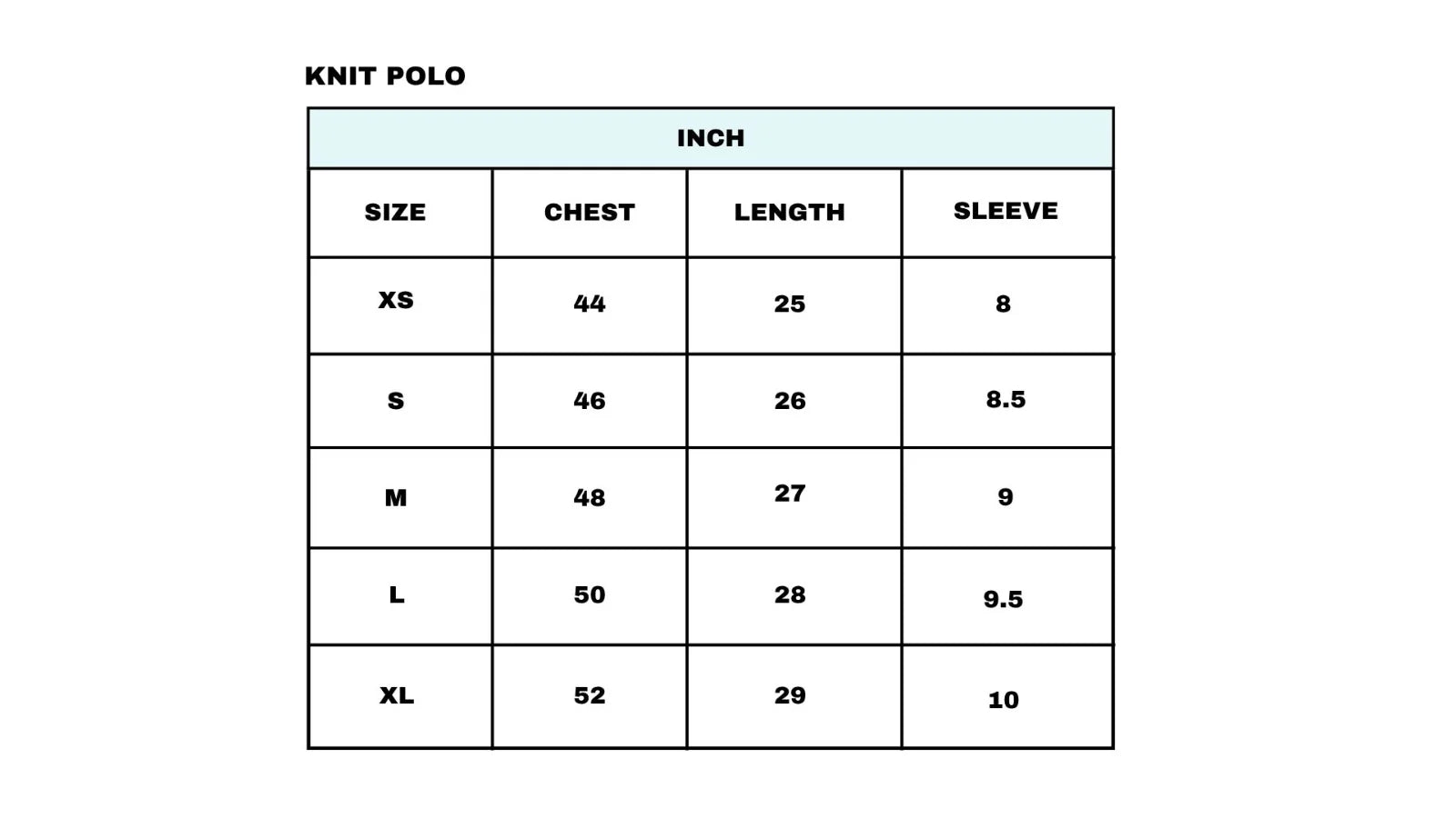 Size Chart for Blue Knit Polo