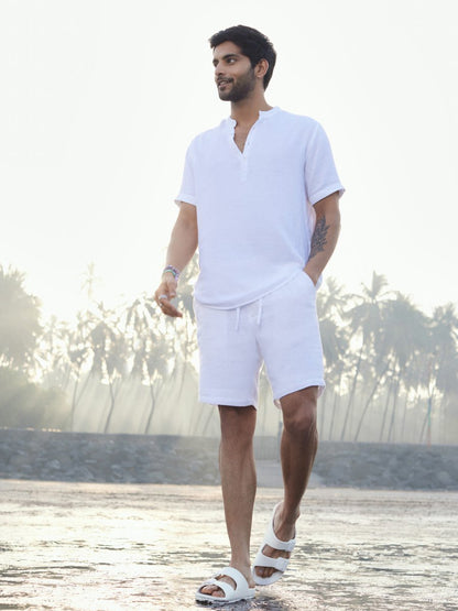 White Solid Pop-Over Mandarin Shirt