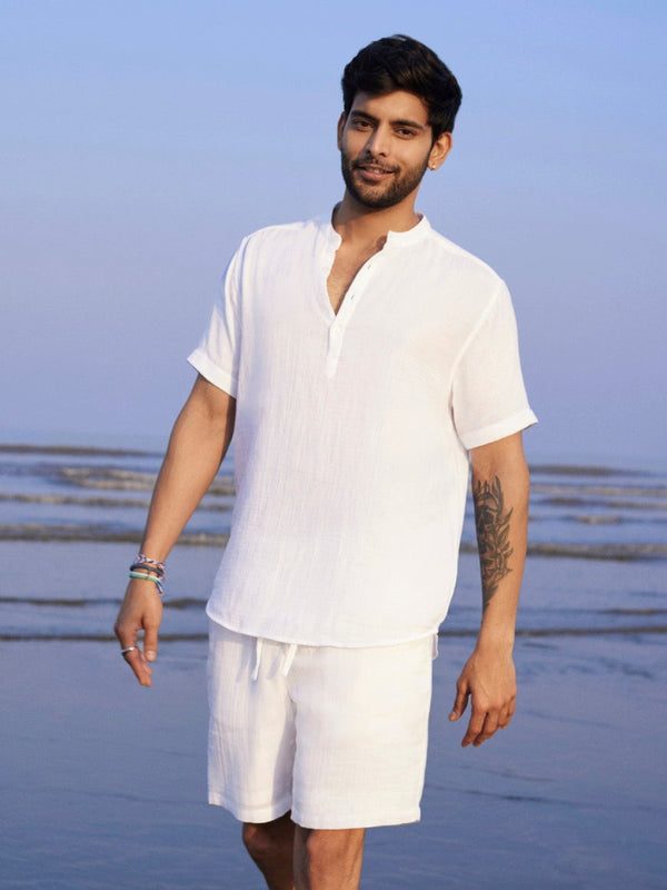 White Solid Pop-Over Mandarin Shirt