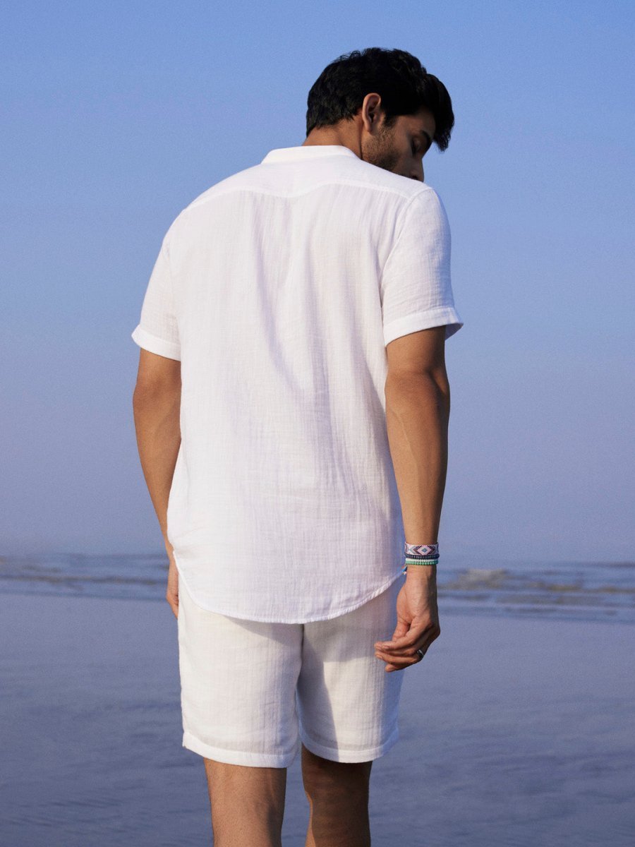 White Solid Pop-Over Mandarin Shirt