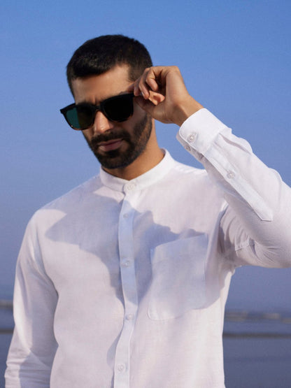 Zephyr Cotton Linen Shirt - Mandarin Collar | Kingdom Of White at Broadway