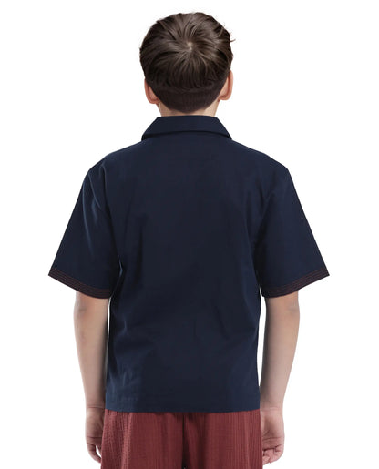 Rare Ones Kids Kyte-S Dark Navy Cotton Blend Half Sleeve Solid Button Closure Regular Fit Shirt