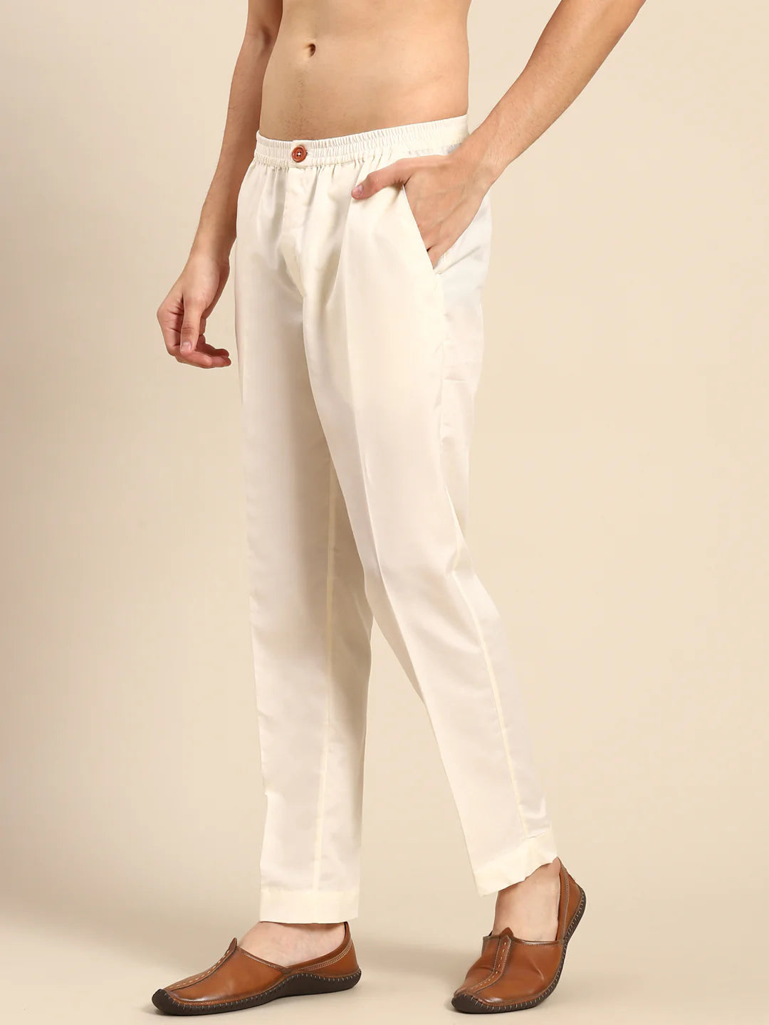 Mens Solid Cotton Blend Cream Trouser