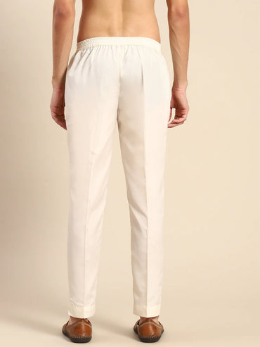 Mens Solid Cotton Blend Cream Trouser
