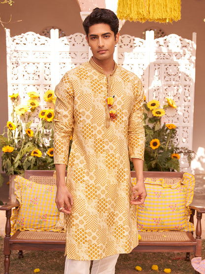 KISAH | Men's Printed Blended Yellow Kurta