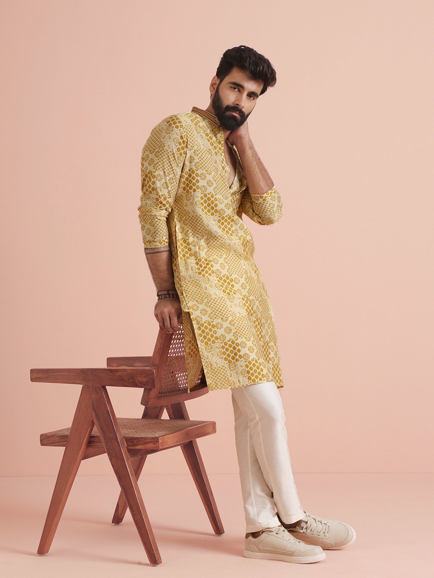 KISAH | Men's Printed Blended Yellow Kurta