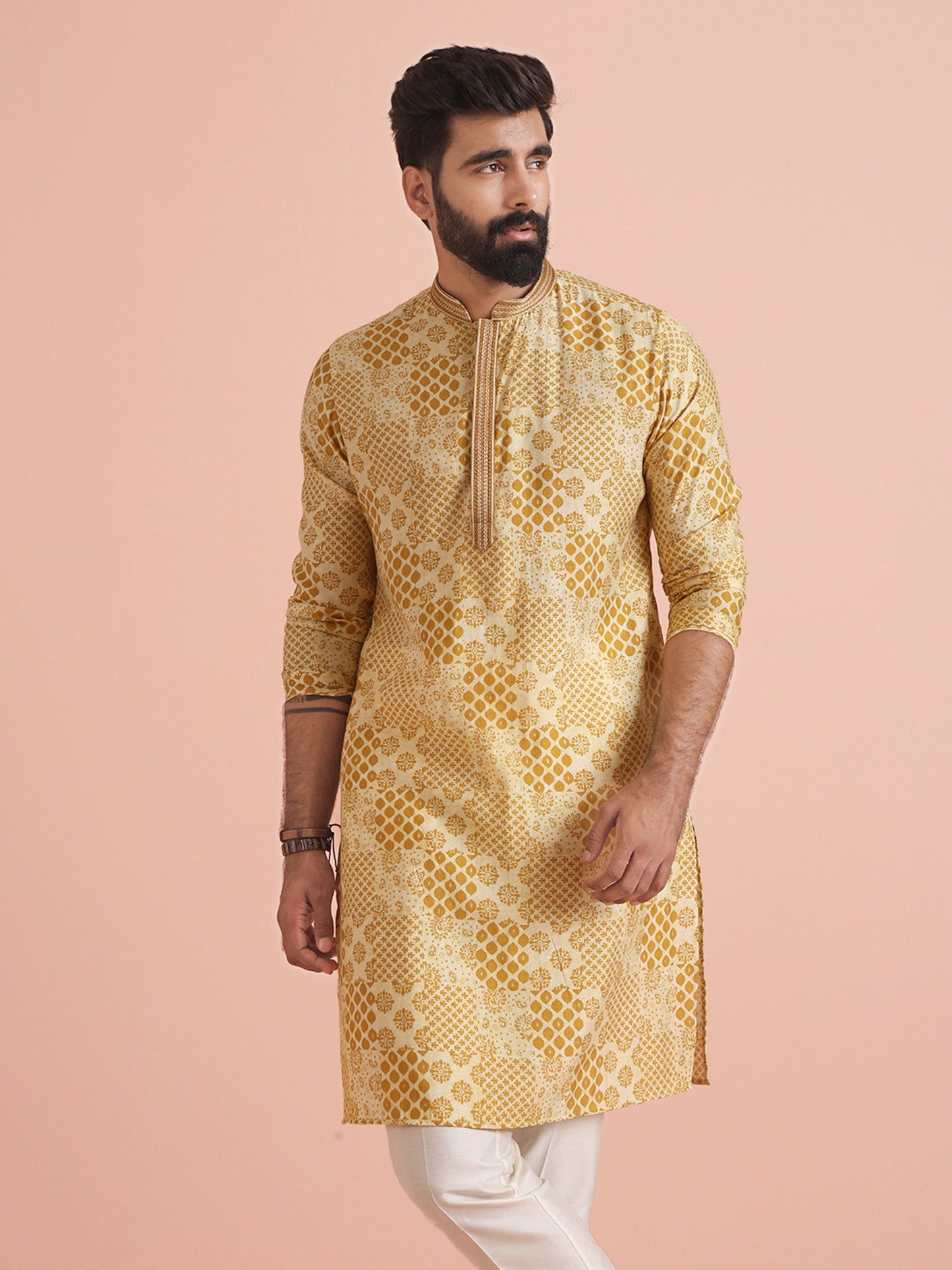 KISAH | Men's Printed Blended Yellow Kurta