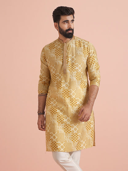 KISAH | Men's Printed Blended Yellow Kurta