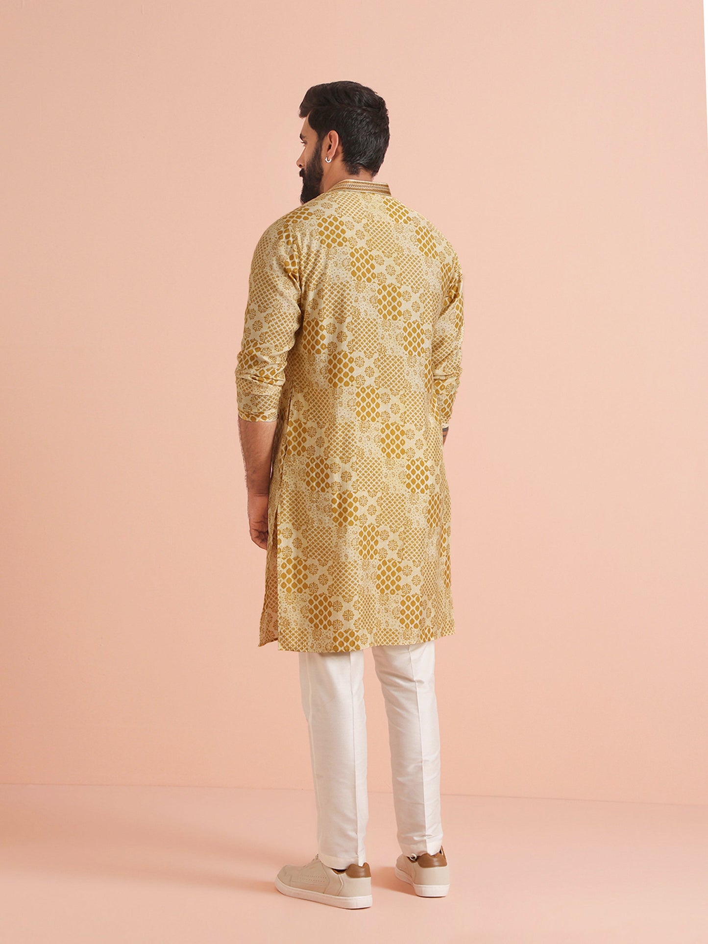 KISAH | Men's Printed Blended Yellow Kurta
