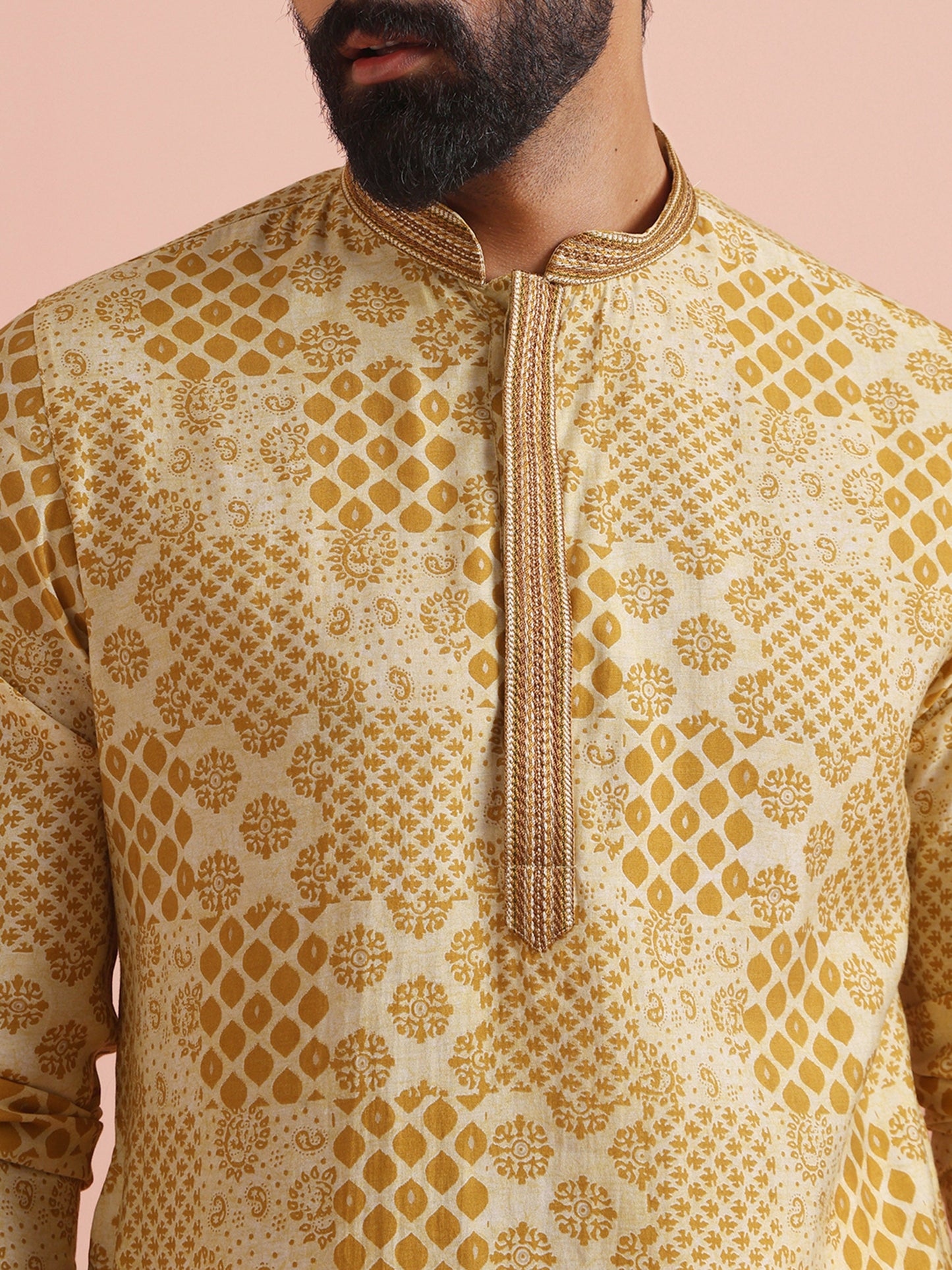 KISAH | Men's Printed Blended Yellow Kurta