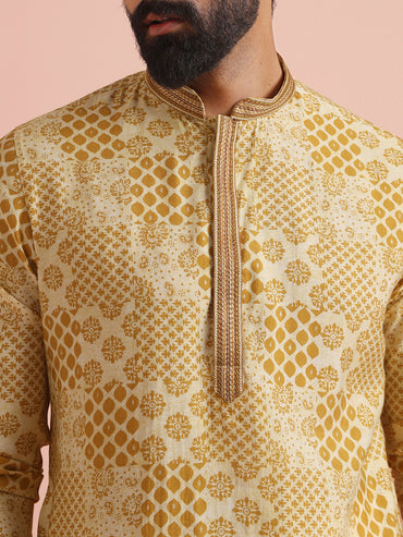 KISAH | Men's Printed Blended Yellow Kurta