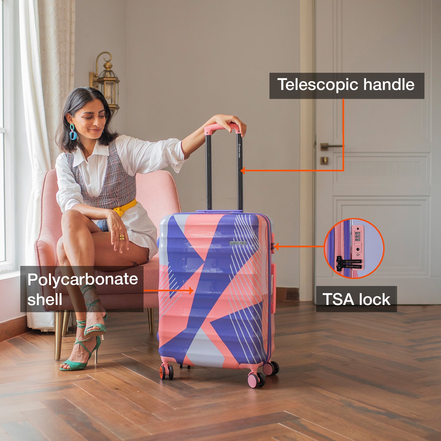 Nasher Miles Chicago Hard-Sided Polycarbonate Printed Check-in Luggage Pink Grey 28 inch (75) Trolley Bag